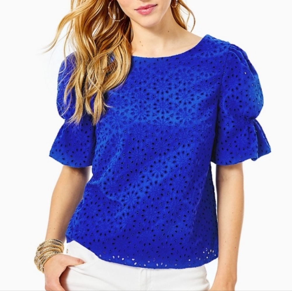 Lilly Pulitzer royal Blue SHAILA puff sleeve embroidered top